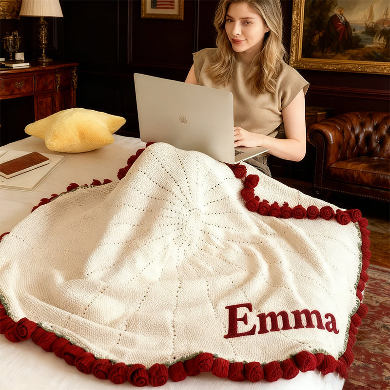 Personalized Crochet Rose Bouquet Blanket: Embroidered Name, Cotton Throw