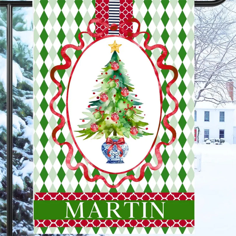 Personalized Chinoiserie Christmas Tree Garden Flag: Argyle Holiday House Flag Outdoor Decor