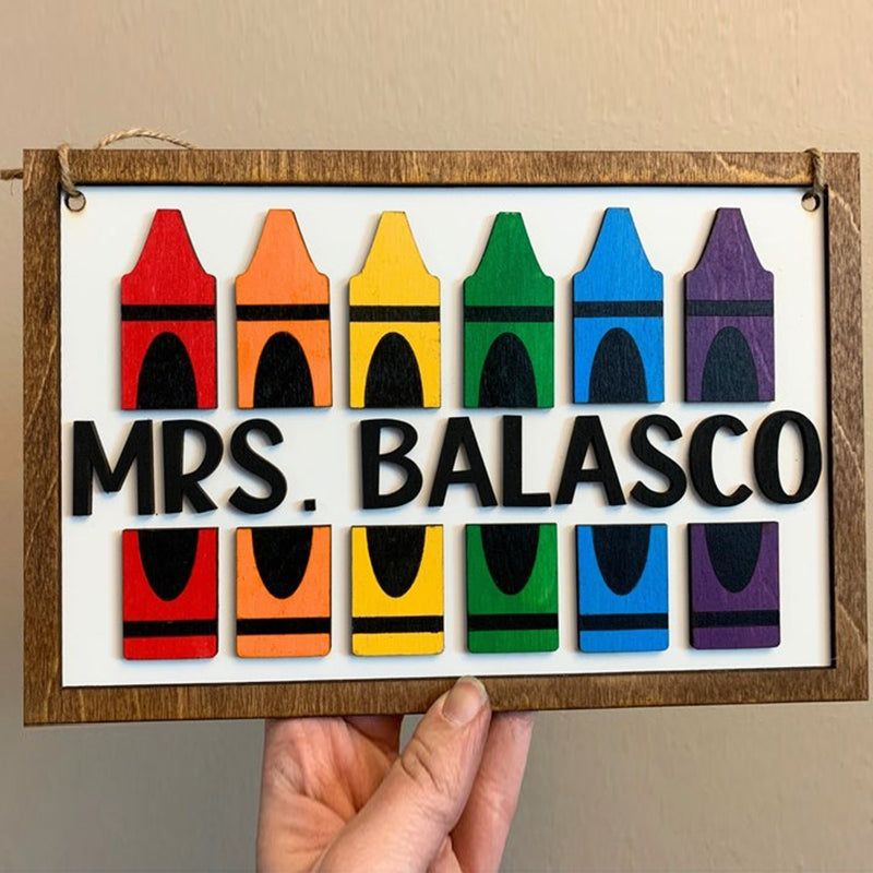Personalized Teacher Rainbow Crayon Wood Door Sign