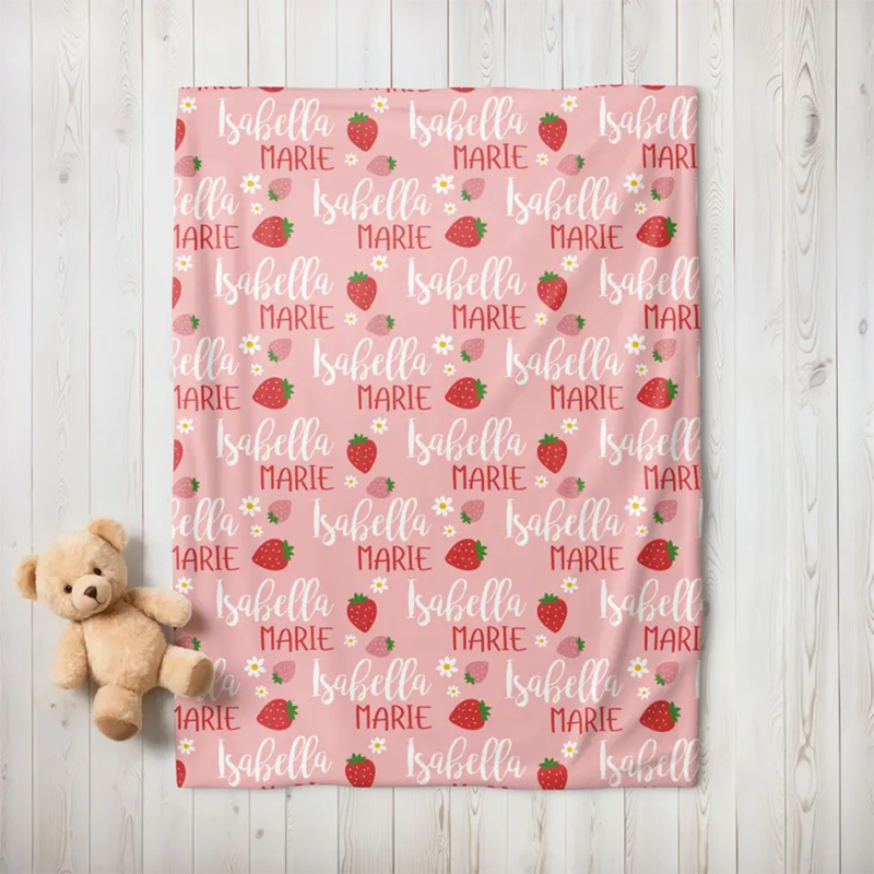 Personalized Strawberry Blanket, Custom Baby Name Blanket
