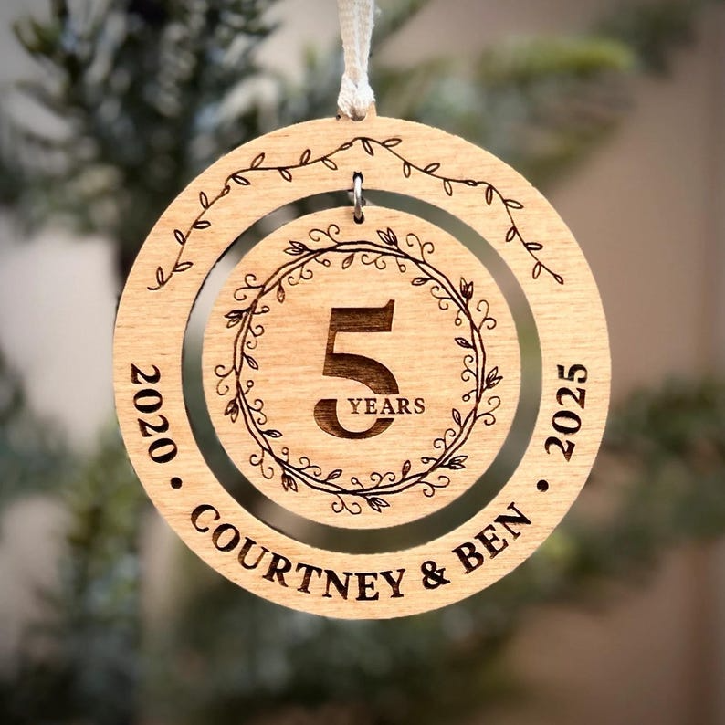 5th Anniversary Gift Ornament / Wooden Laser Engraved Ornament