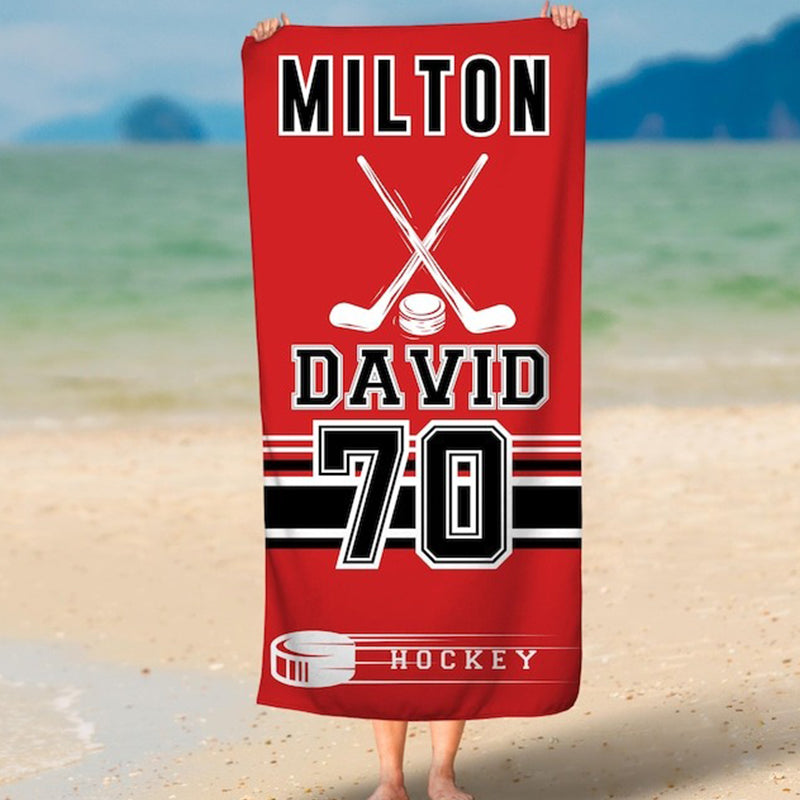 Personalized Hockey Team Beach Towel, Custom Hockey Dad Gift