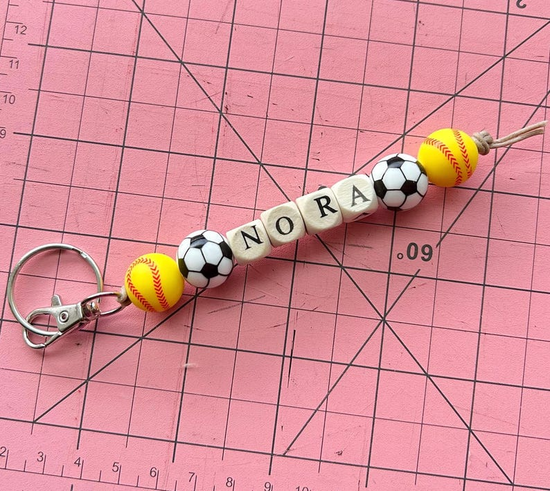 Personalized Sports Keychain / Beaded Name Keyring with Baseball, Soccer, Basketball