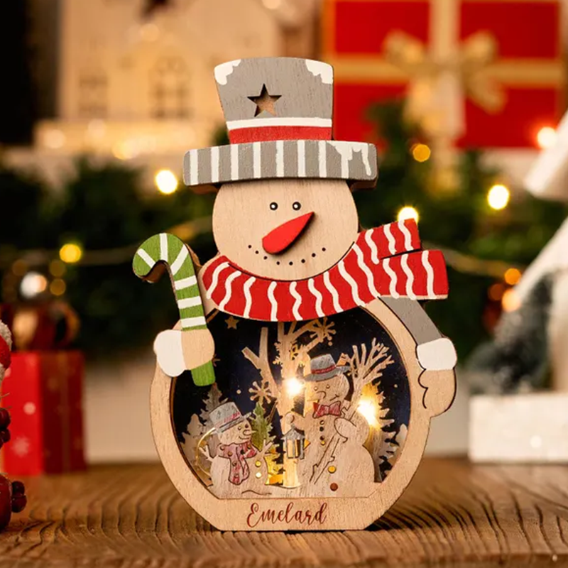 Personalized Christmas Lamp for Kids,Wooden Snowman/Santa Lantern