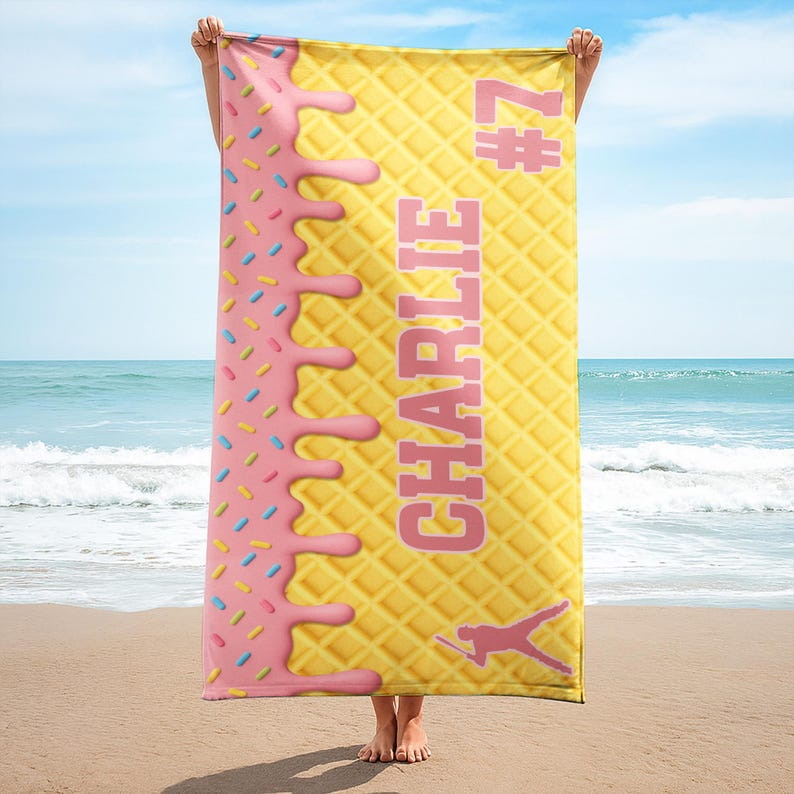 Personalized Ice Cream Drip Baseball Softball Beach Towel For Boys, Girl, Drip Beach Towel