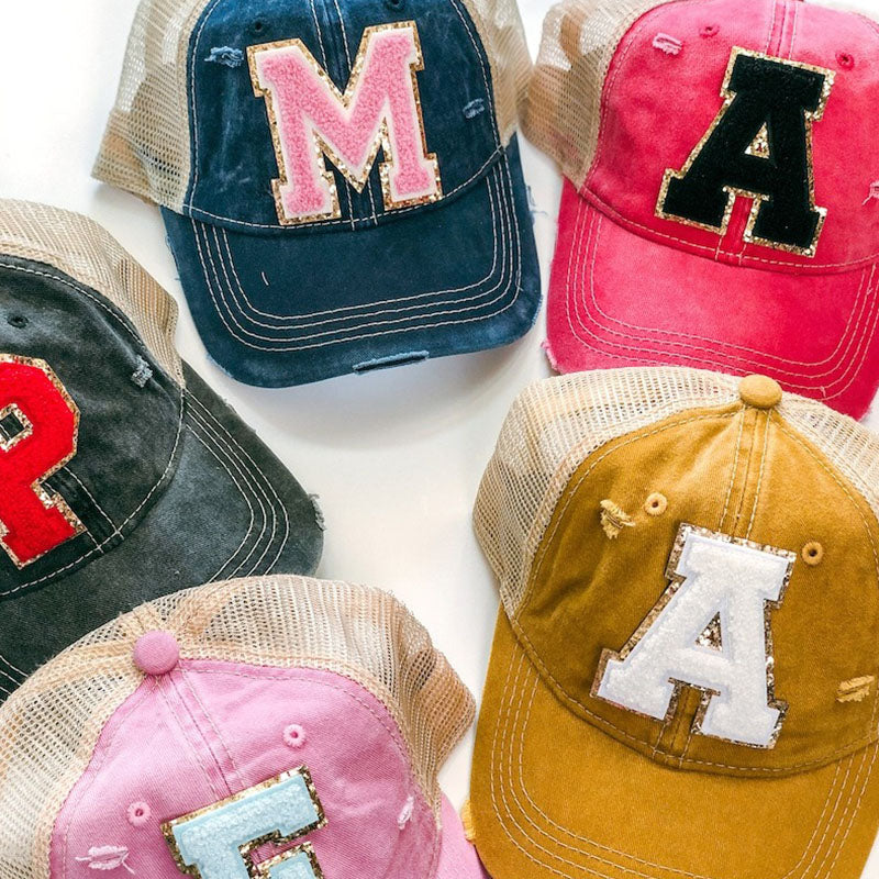 Distressed Hat with Varsity Letter Patches
