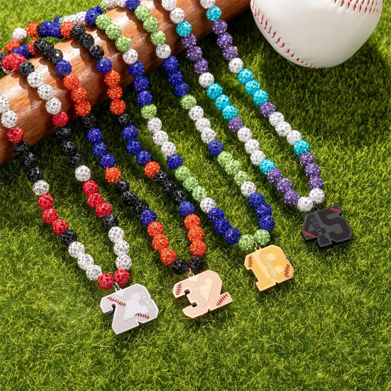 Personalized Magnetic Sparkle Rhinestone Disco Ball Baseball Sports Name Beaded Necklace