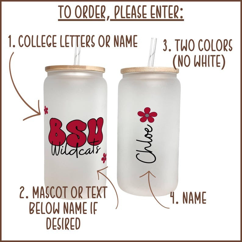 Custom College Iced Coffee Glass, Personalized Name College Glass Graduation Gift