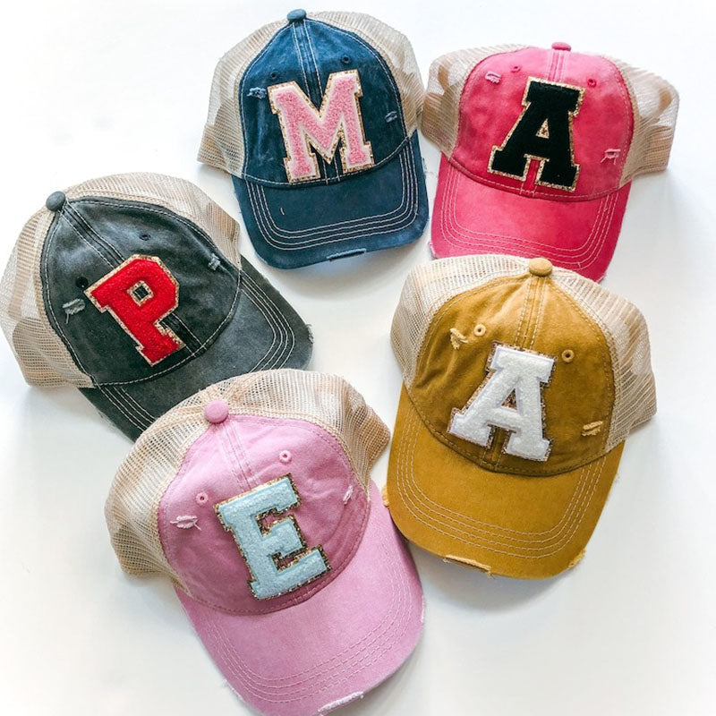 Distressed Hat with Varsity Letter Patches