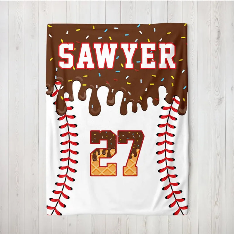 Custom Baseball Drip Blanket, Personalized Ice Cream Drip Baseball Blanket