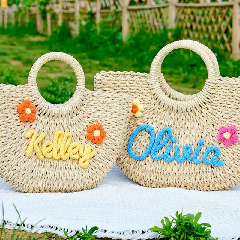 Custom Straw Beach Bag, Bridesmaid Beach Bag Flower Girl Basket