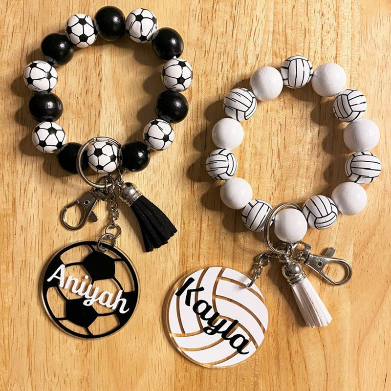 Personalized Sports Print Wristlet Wood Bead Bracelet Keychain
