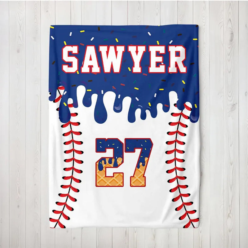 Custom Baseball Drip Blanket, Personalized Ice Cream Drip Baseball Blanket