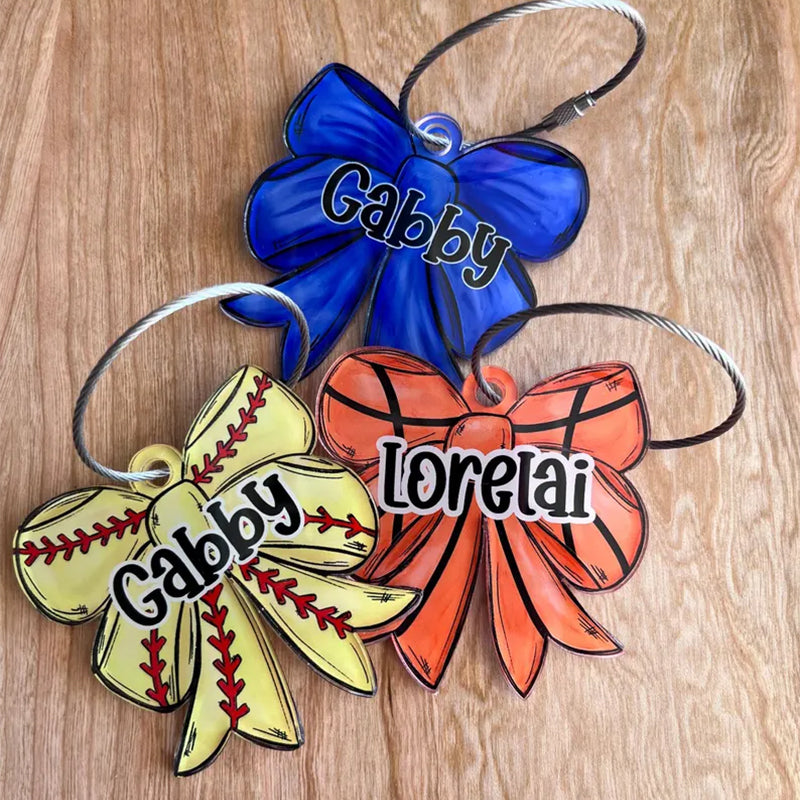 Personalized Girls Sports Bag Tag - Custom Name Tag with Bow