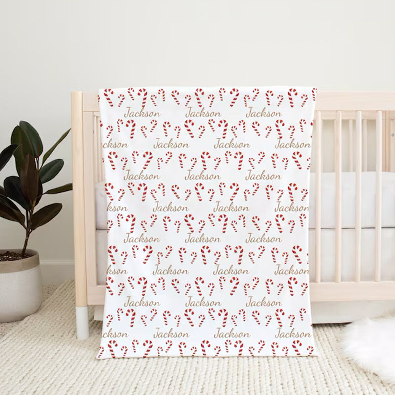 Candy Cane Name Announcement Baby Name Reveal Personalized Baby Blanket