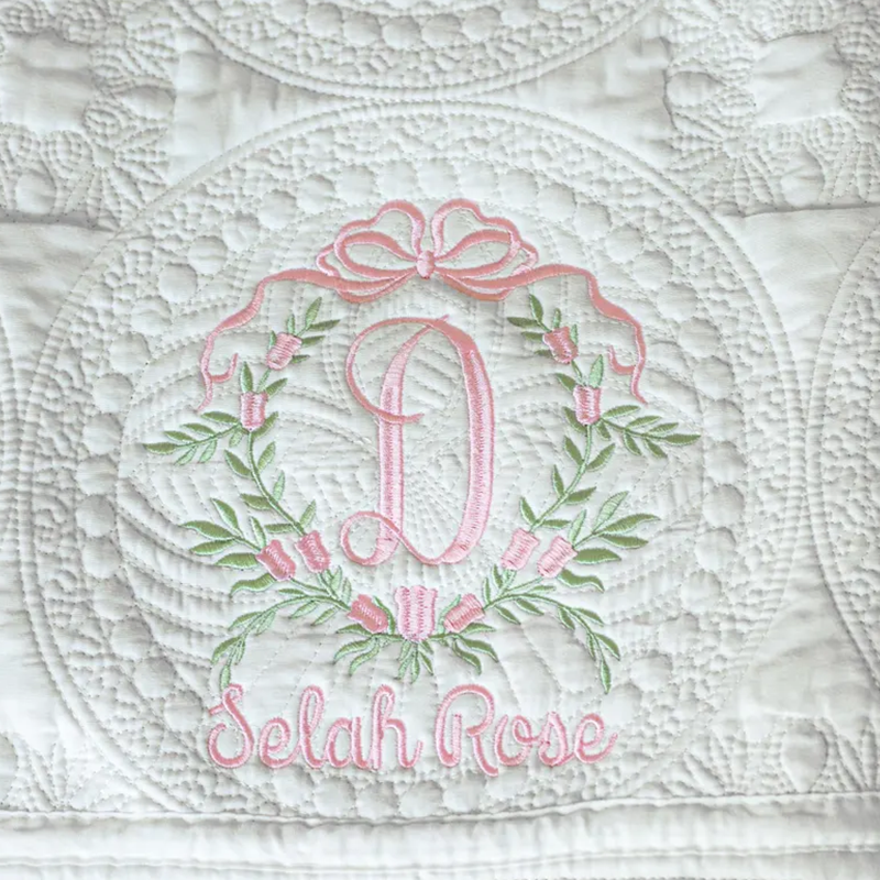 Baby Girl Heirloom Quilt, Personalized Floral Crest Embroidered Blanket