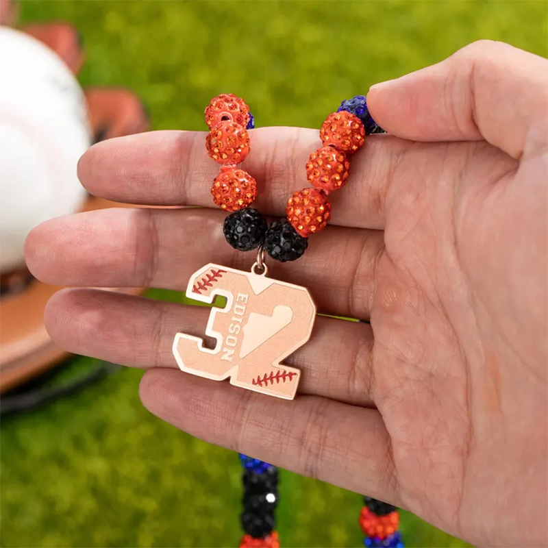 Personalized Magnetic Sparkle Rhinestone Disco Ball Baseball Sports Name Beaded Necklace