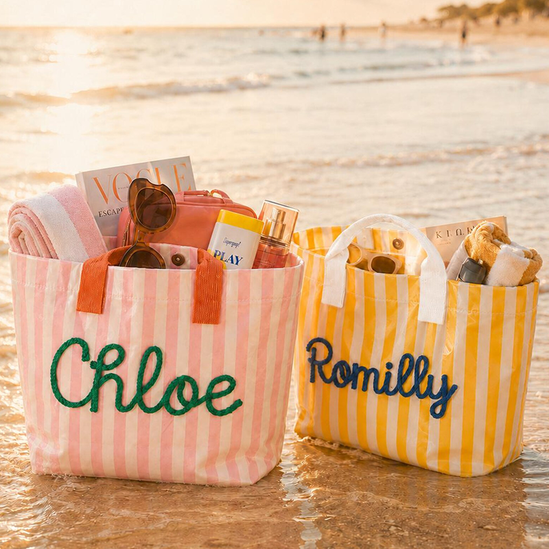 Personalized Water Resistant PVC Beach Tote, Custom Rope Name Poolside Carryall