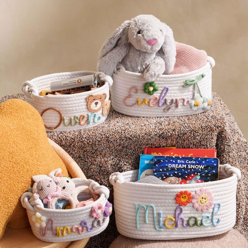 Hand Embroidered Baby Name Basket, Mothers Day Gift