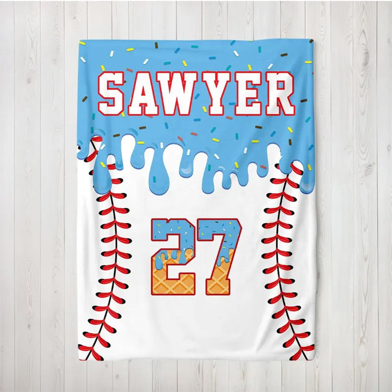 Custom Baseball Drip Blanket, Personalized Ice Cream Drip Baseball Blanket