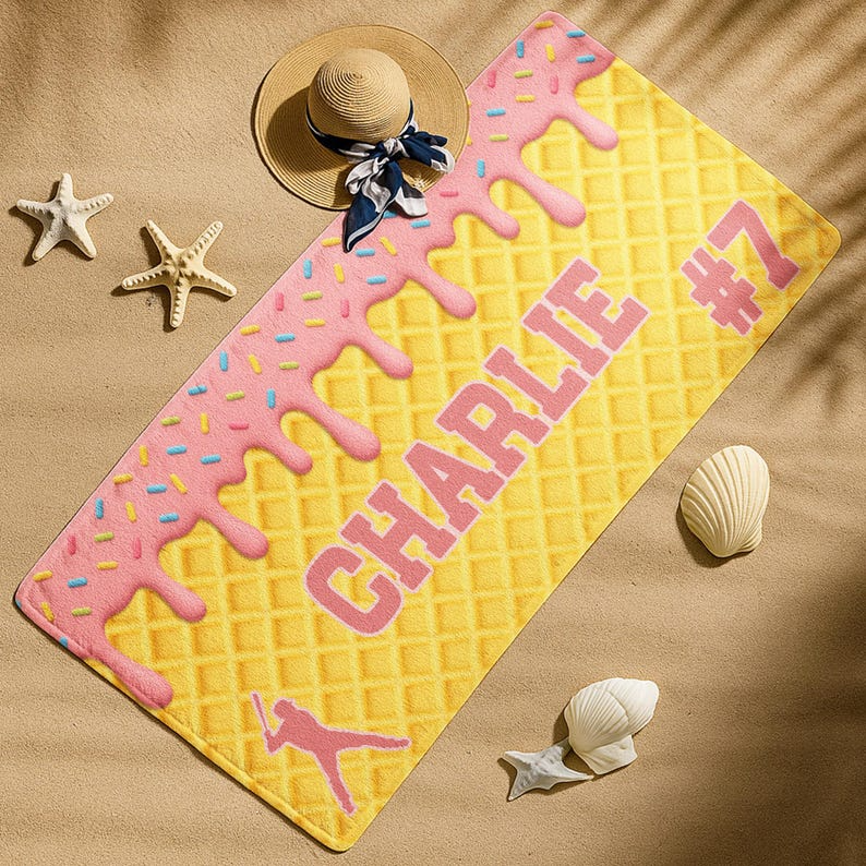 Personalized Ice Cream Drip Baseball Softball Beach Towel For Boys, Girl, Drip Beach Towel