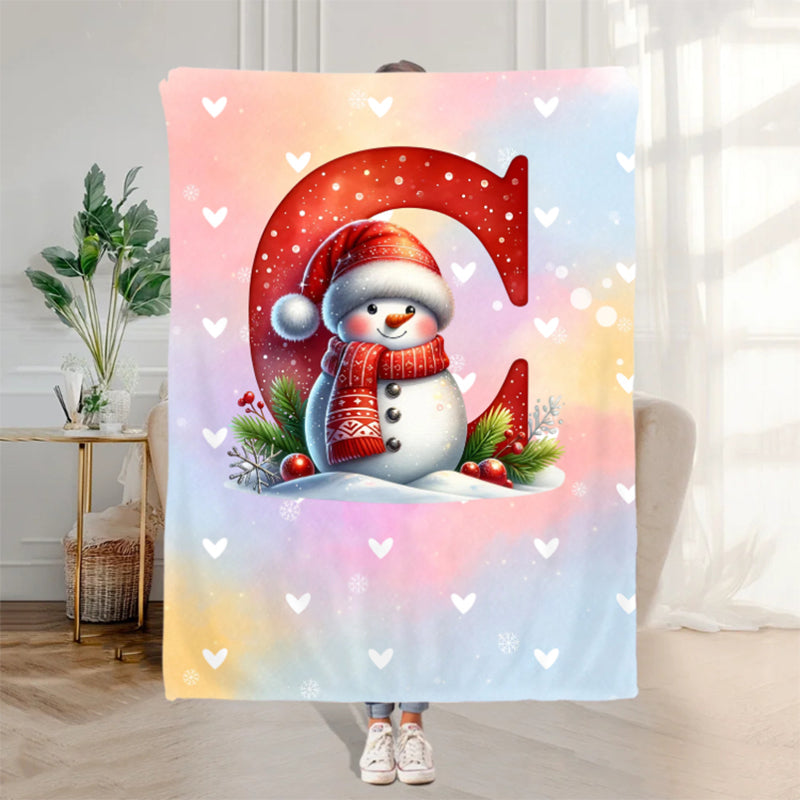 Personalized Santa Hat Snowman Penguin Initial Word Cloud Blanket