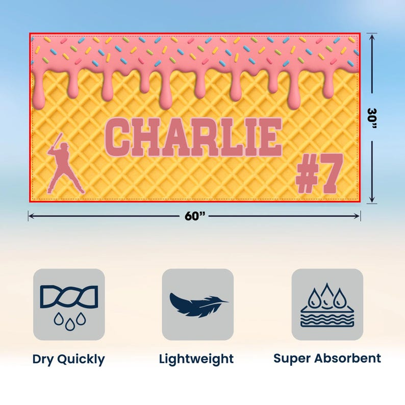 Personalized Ice Cream Drip Baseball Softball Beach Towel For Boys, Girl, Drip Beach Towel