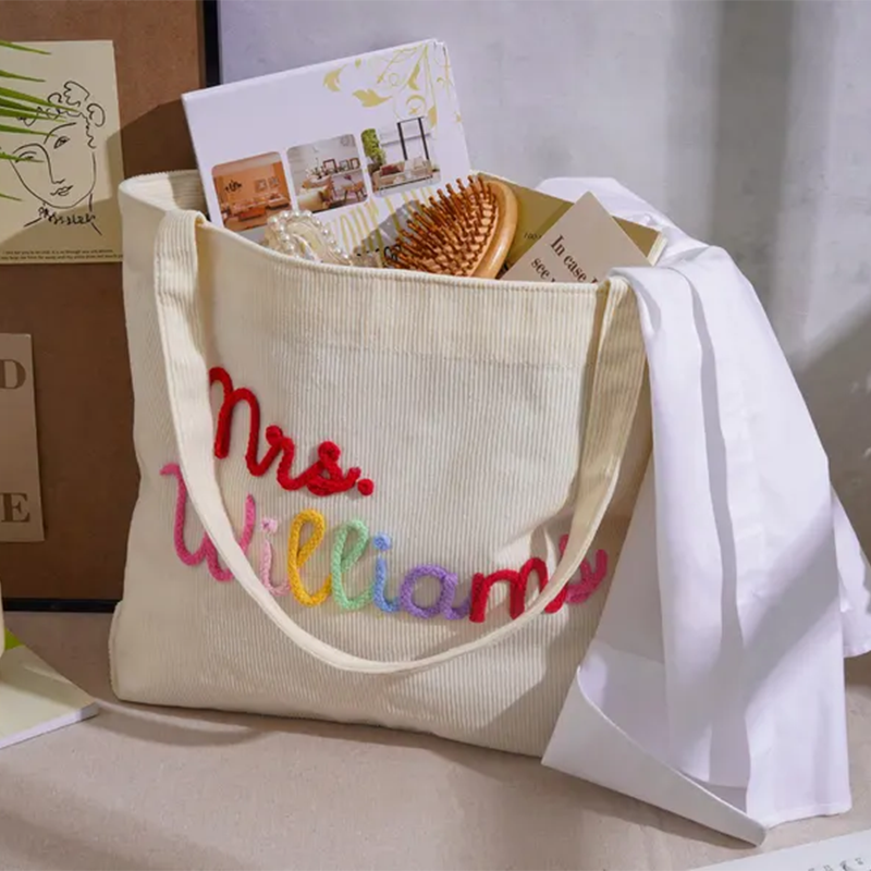 Personalized Corduroy Teacher Tote Bag,Hand Crochet Name Zipper bag