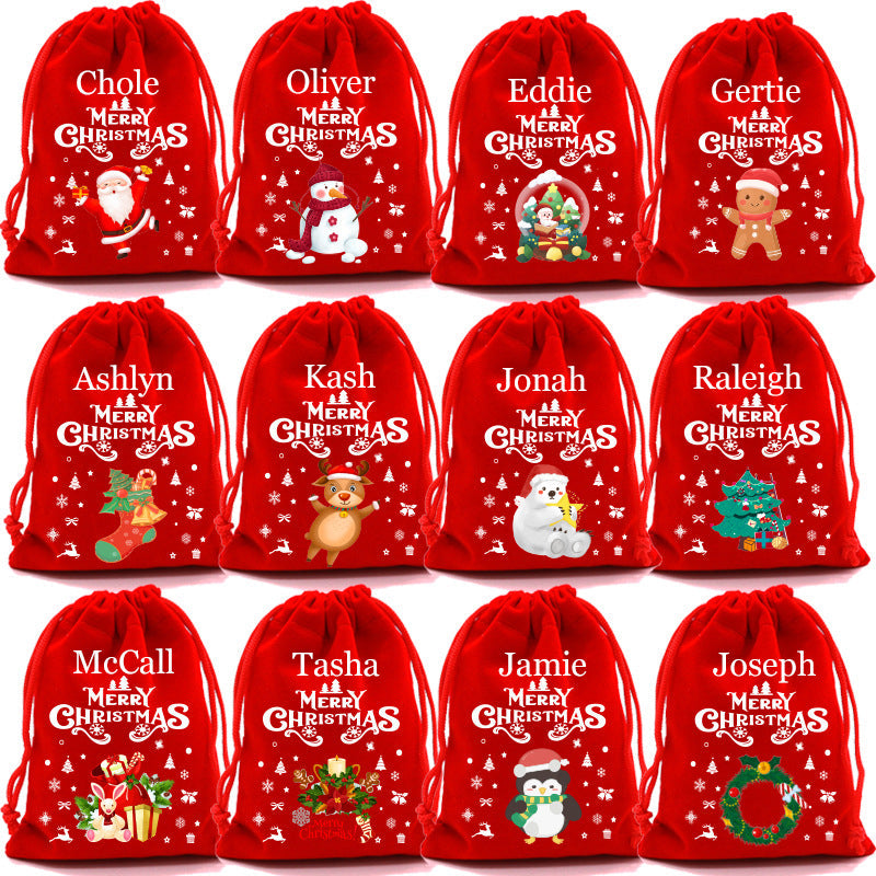 10/20pcs Christmas Drawstring Velvet Bags Red Candy Biscuits Pouch Personalization name