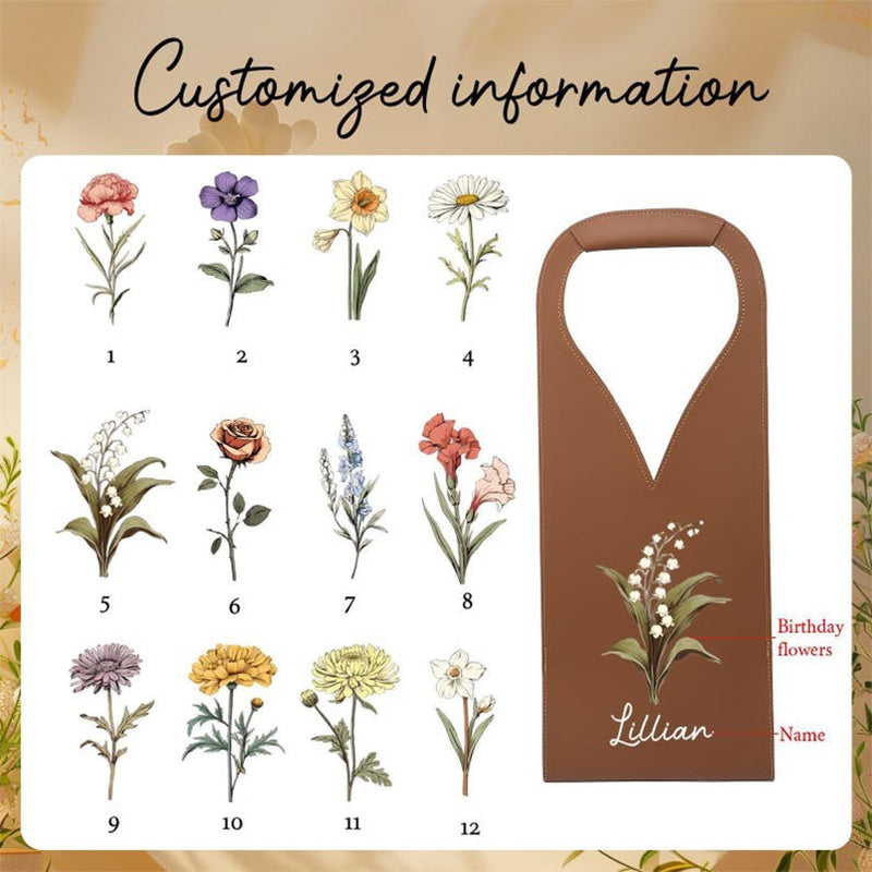 Personalized Birth Flower Leather Wine Bag with Name and Handle Protective Wine Accessories