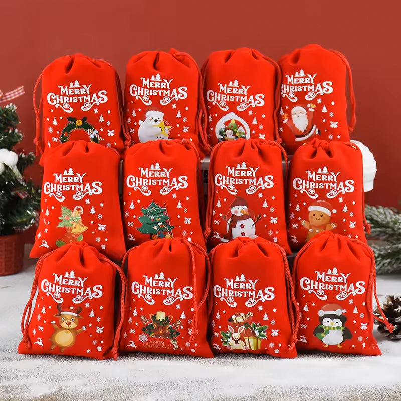 10/20pcs Christmas Drawstring Velvet Bags Red Candy Biscuits Pouch Personalization name