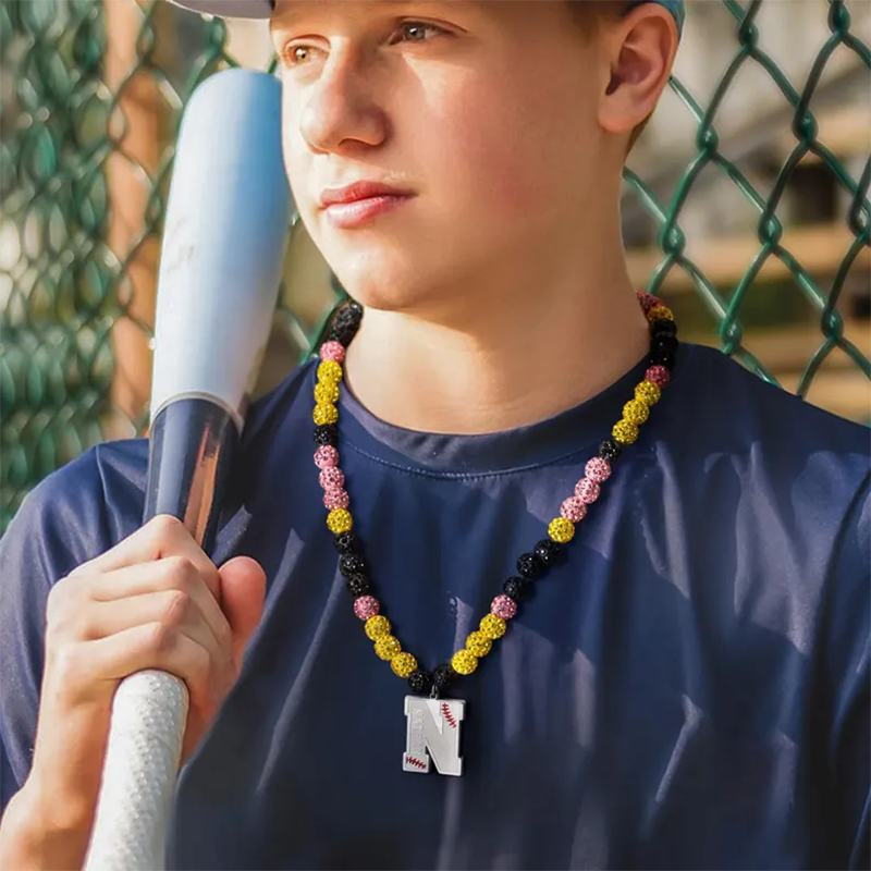 Personalized Magnetic Sparkle Rhinestone Disco Ball Baseball Sports Name Beaded Necklace