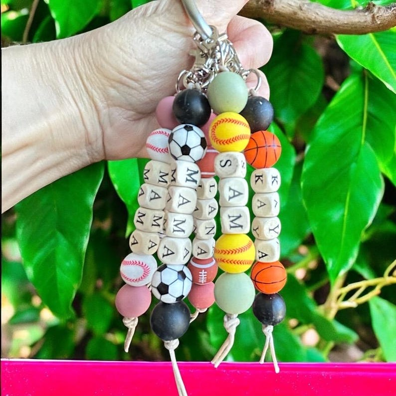 Personalized Sports Keychain / Beaded Name Keyring with Baseball, Soccer, Basketball