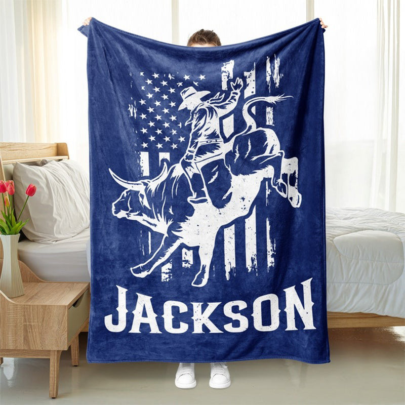 Personalized Rodeo Rider Blanket - Custom Name Bull Rider Fleece Sherpa Blanket