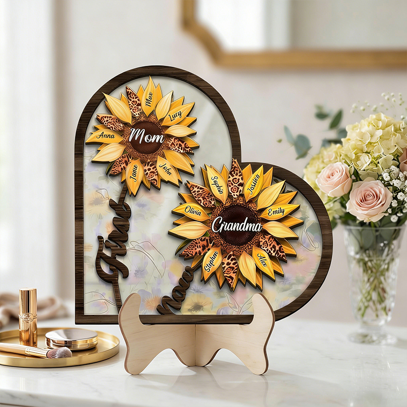Custom First Mom Now Grandma Sign, Personalized Kid's Name SunFlower Wooden Art