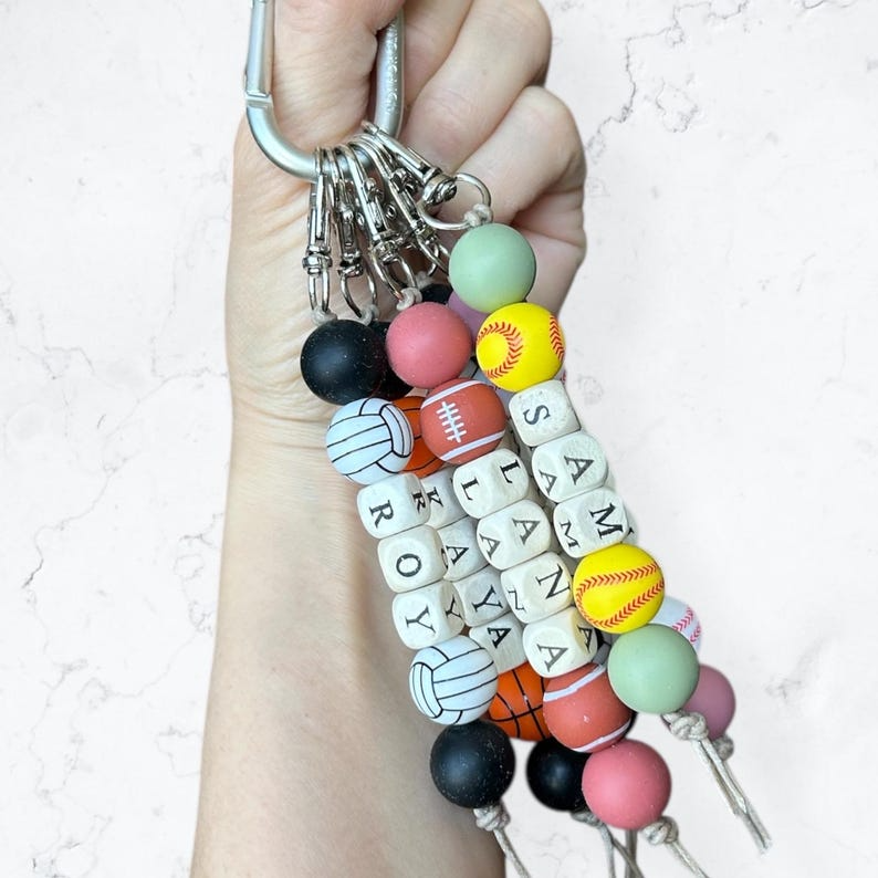 Personalized Sports Keychain / Beaded Name Keyring with Baseball, Soccer, Basketball