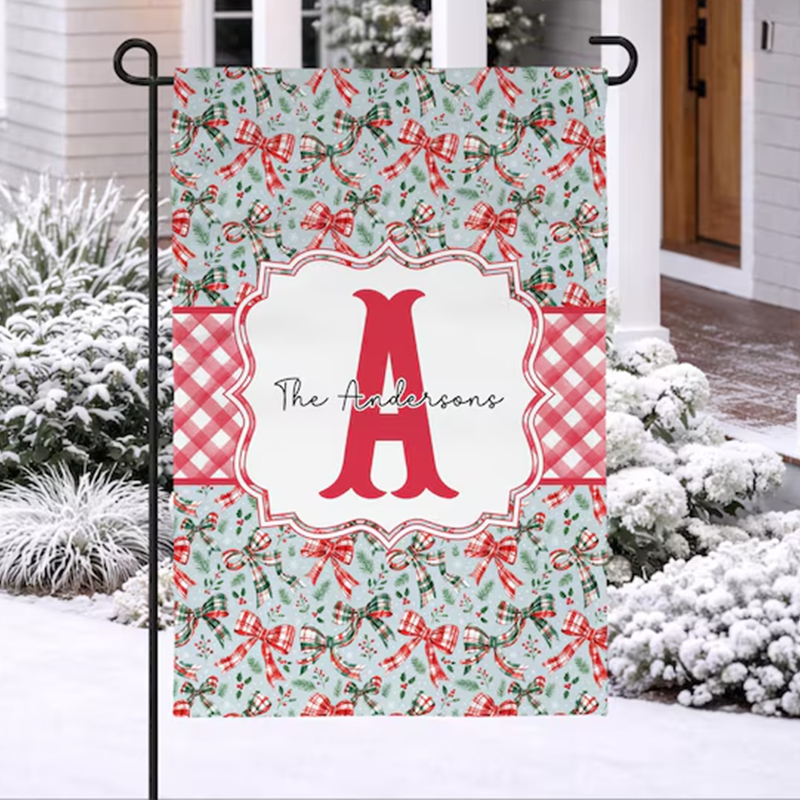 Personalized Christmas Garden Flag, Coquette Bow Monogram Flag