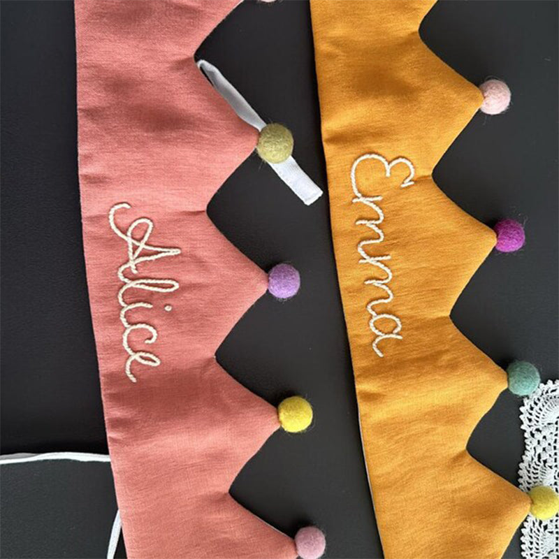 Custom Linen Birthday Crown for Birthday | Personalized Gifts with Hand Embroidered Name