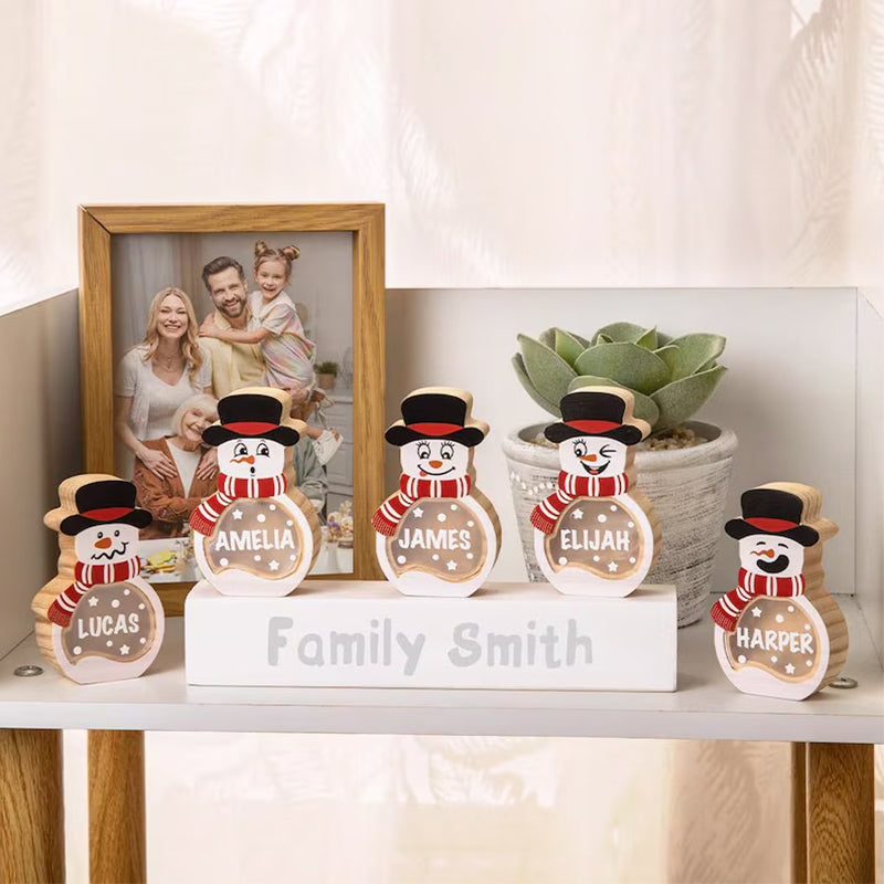Custom Family Christmas Decoration, Personalized Snowman Figurine Set with LED Lights