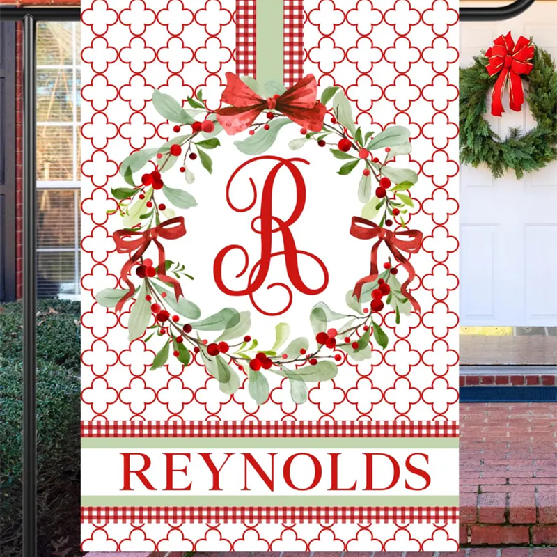 Personalized Monogram Initial Christmas Wreath Garden Flag
