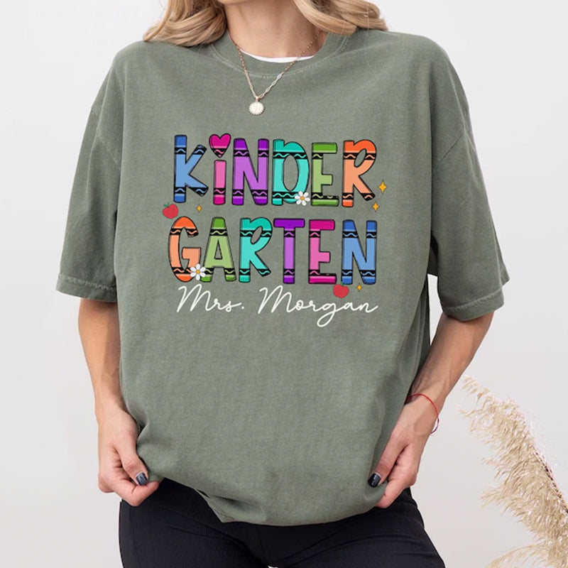 Personalized Kindergarten Teacher Shirt, Personalized Teacher Crayon Shirt