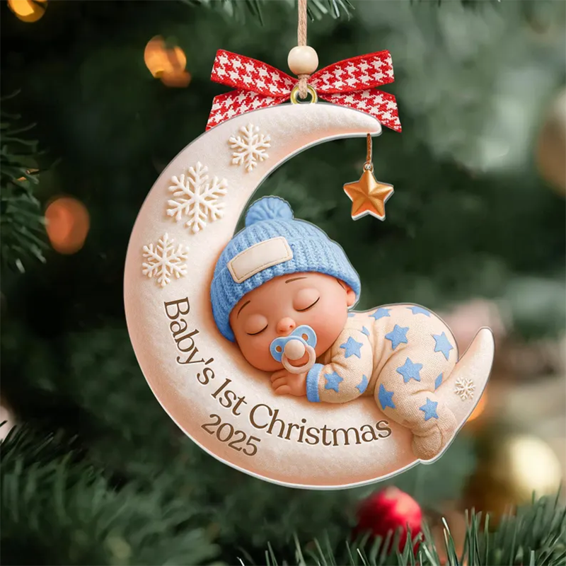 Custom Baby First Christmas Ornament, Moon Sleeping Design
