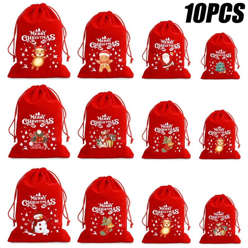 10/20pcs Christmas Drawstring Velvet Bags Red Candy Biscuits Pouch Personalization name
