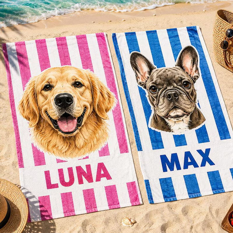 Personalized Pet Photo Beach Towel, Custom Dog Portrait Towel, Pet Memorial Gift