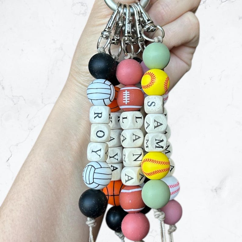 Personalized Sports Keychain / Beaded Name Keyring with Baseball, Soccer, Basketball