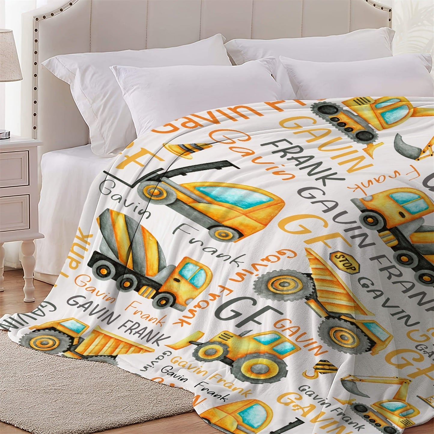 Custom Name Construction Truck Theme Throw Blanket