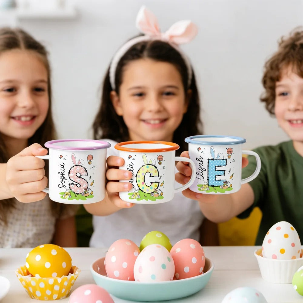 Personalized Colored Rabbit Easter Egg Initial 12 oz Enamel Mug
