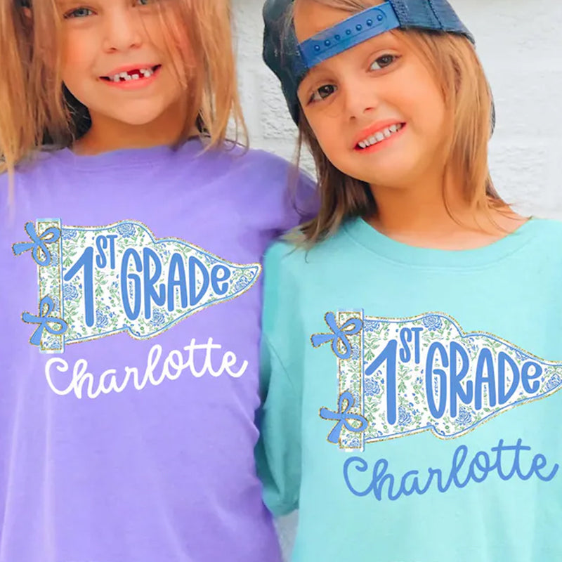 Personalized 1st Grade Shirt for Girls, Floral Pennant Back to School Shirt