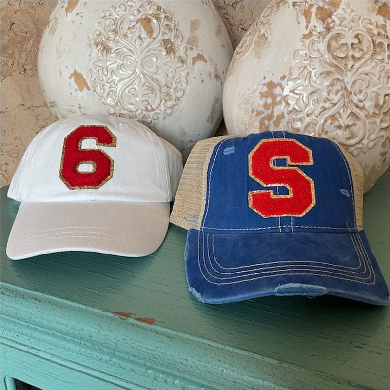 Distressed Hat with Varsity Letter Patches