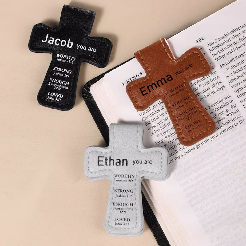 Custom Name Bible Verses Cross Shaped Leather Magnetic Christian Bookmark Clip